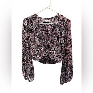 Zara Woman’s Pink and Black Floral Print Long Sleeve Sheer Twist Crop Top / S